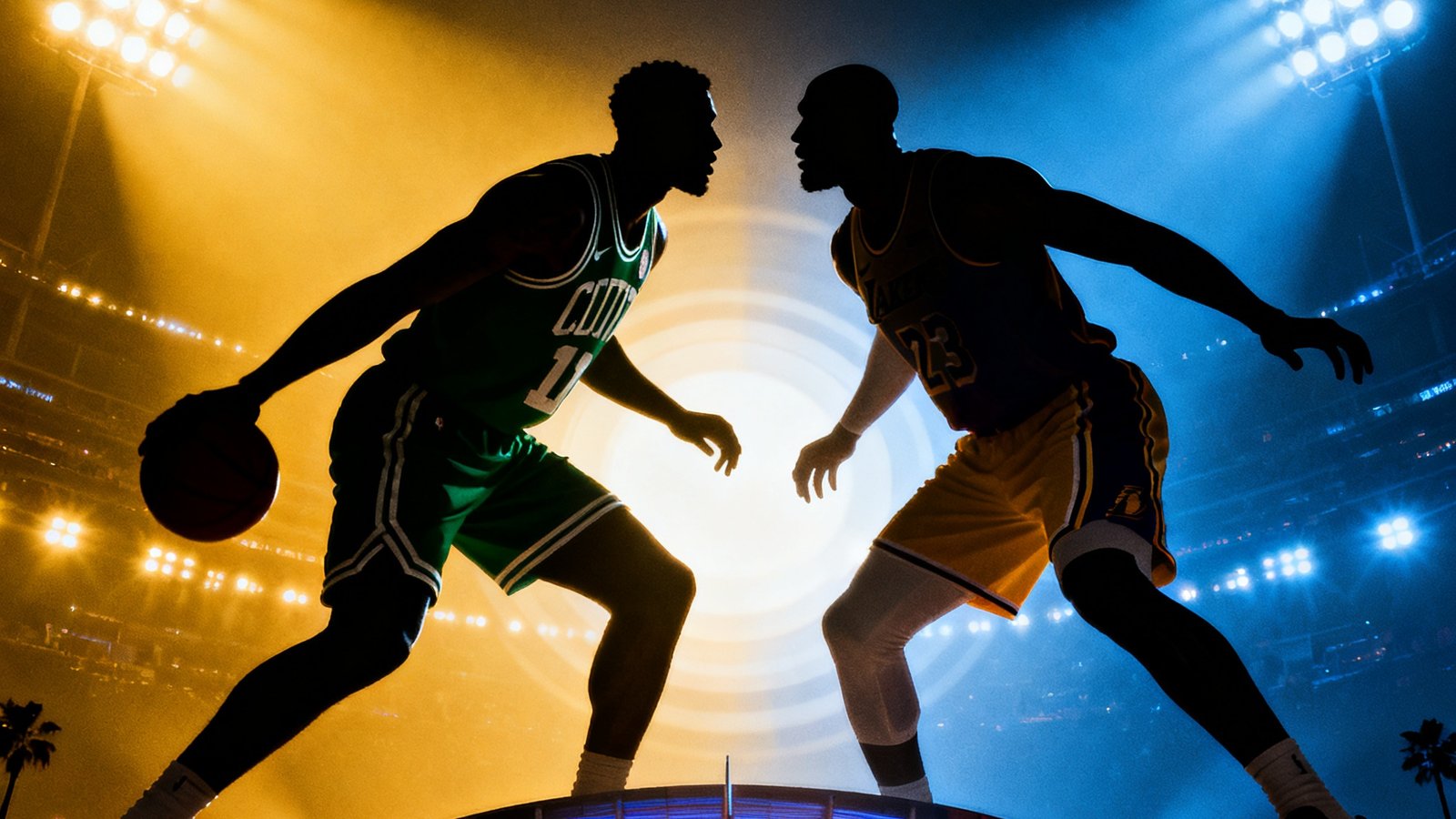 NBA总决赛第六场凯尔特人对阵湖人的比赛海报，斯台普斯中心外灯光璀璨，两队球星剪影对峙，气氛紧张