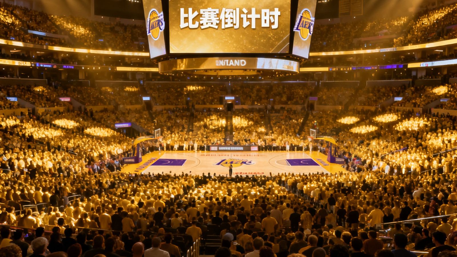 NBA直播频道入口展示图，湖人队主场斯台普斯中心内景，金色灯光海洋般的观众席，中央大屏幕显示比赛倒计时